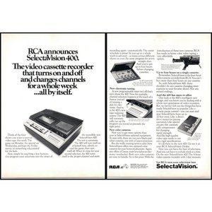 1978 RCA Selectavision 400 VCR 2 Page Vintage Print Ad 70s High Tech Wall Art